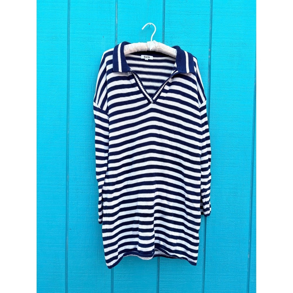 525 Sailor Navy White Striped Polo Collar Knit Sweater‎ Dress Medium Nautical